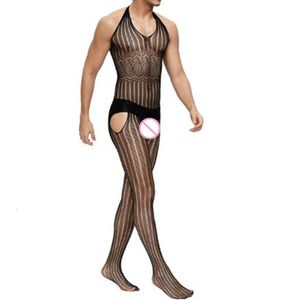 New Fashion Sleepwear Mens Body Fishnet Bodystocking Biancheria intima maschile Porno Lingerie sexy Gay Erotic Teddy Men Halter Jumpsuit