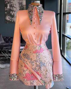 Peach Pink Short Evening Cocktail Dresses Crystal Floral Lace Skirt Long Sleeve Homecoming Birthday Gown prom