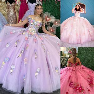 Abito Quinceanera ricamato floreale multicolore Pizzo 3D staccabile con spalle scoperte Abito da ballo di mele cotogne Corsetto Dolce 16 Festa di compleanno Abiti da 15 Anos Charro messicano