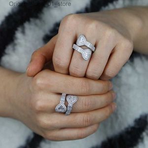 Bandringar Justera storlek Hjärtform Ring med full 5A CZ PAVED Silver Gold Rose Plated Open Band Rings for Women Men Hip Hop Rings smycken Partihandel Q231207