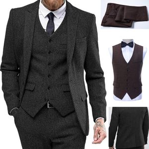 Classic 3 Pieces Mens Suit Herringbone Tweed Peak Lapel Tuxedos (Blazer+vest+Pants)For Shipping