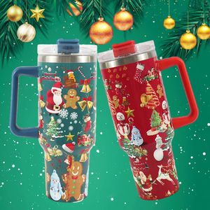 Thermoses 40oz 1200ml Christmas patterned water bottle insulated cup with handle and straw hat coffee mug outdoor camping leak proof 231207