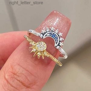 Solitaire Ring 2023 Summer Celestial Blue Sparkling Moon And Sun Ring For Women Cocktail Stackable Finger Band Fashion Silver 925 Fine Jewellry YQ231207