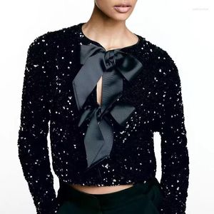 Women's Jackets Women Chic Short Sequin Cardigan with Bow Fashion Long Sleeve Christmas Sparkling Coats Autumn Elegant Lady Shiny Partywear