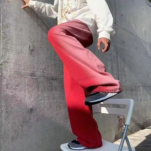 Gradyan Şarap Kırmızı Kot Pantolon Amerikan Hiphop Pantolon Yüksek Sokak Hipster Gevşek Bacak Düz Pantolon 51