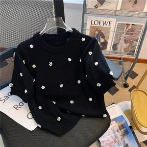 Kvinnors stickor Tees Korean Knitwear Topps Chic Beads Short Sleeve O-Neck Pullover Summer Fashion Sticked Sweaters Tee Shirt Ropa Mujer trasa 231206