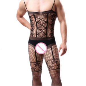 Moda masculina sleepwear lingerie dos homens fishnet bodysuit marido presente masculino roupa interior sexy macacão sling nightdown dropshipping