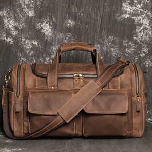 Duffel Väskor Retro Brown Mäns handbagage Väska Crazy Horse Läder Stor kapacitet Rese Business Weekend One Shoulder Messenger Bag 231207