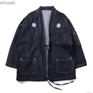 Men's Jackets Japan Style Men Thin Denim Kimono Jacket Stand Collar Three Quarter Sleeves Sakura Embroidery Loose Haori With Sleeve Pocket YQ231207