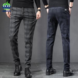 Men's Pants 2023 Autumn Winter England Plaid Work Stretch Men Business Fashion Slim Thick Grey Blue Casual Pant Male Brand Trousers 38 231206