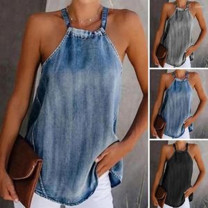 Blusas femininas mulheres halter tank top sem mangas denim casual o pescoço cintas de espaguete macio verão senhoras cami camisa férias