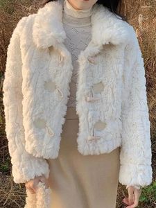 Kadınlar Kürk Tatlı Kabarık Ceketler Kadın Sonbahar Kış Kış Sivan Kesim Kadın Vintage Moda Korna Düğmesi Katlar Leydi Şık Gevşek Kısa Dış Giyim