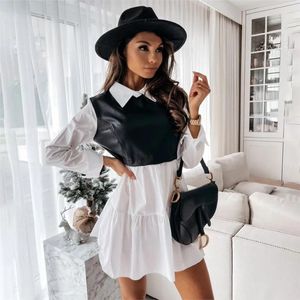 Casual Dresses Long Sleeve White Shirt Dress For Women 2023 Autumn PU Leather Patchwork Plaid Sweet Office Ladies Mini Vestidos