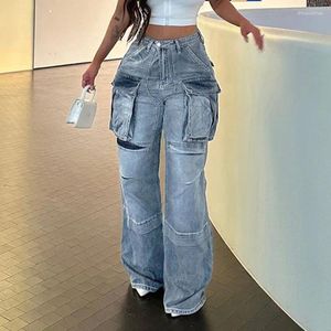 Women's Jeans FUAMOS Personalized Big Pocket American Distinctive Street Fashion Stitching Tooling High Waist Straight Pants