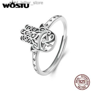 Solitaire Ring Wostu 925 Sterling Silver Vintage Style Lucky Hand of Fatima Opening Ring Blue Demon's Eye Stackbara Rings Party Jewelry Gift YQ231207