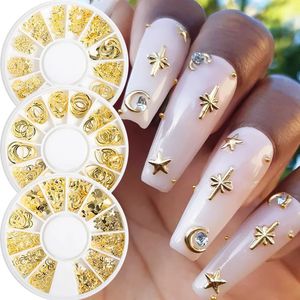 Decorazioni per nail art 12 cinghie Rivetti in metallo Borchie per unghie Cornice a cuore misto Luna Stella Gioielli in oro 3D Consigli fai da te Decorazioni per nail art Accessori per manicure 231207