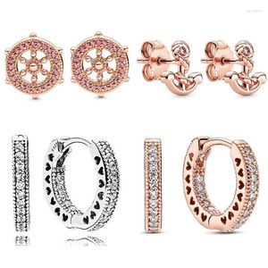 Stud Earrings 925 Sterling Silver Earring Rose Anchor And Wheel Pave Heart Hoop With Crystal For Women Wedding Gift Jewelry