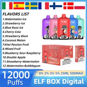 ELF BOX Digital puff 12000 vape descartável 12 sabores Puff 12k e cigarro 500mah Bateria recarregável Pré preenchido 25ml caneta vape Cartucho pod 0% 2% 5% elf bar vs randm 12k
