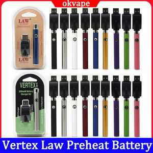 Vertex Law Preheat Battery 350mAh Justerbar spänning Vape Batterier Blister Package USB Charger Kits för 510 trådkassettpenna