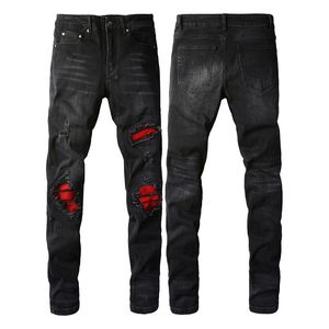Mäns jeans europeiska och amerikanska gata trendiga hål lappade jeans, high street trendiga mäns smala fit leggings jeans svart