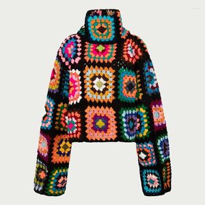 Suéter feminino colorido crochê vovó quadrado gola alta fofo cardigan boho afegão costura casaco cor patchwork roupas para senhora