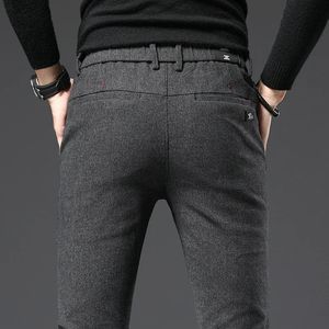 Herrbyxor Autumn Winter Thick Casual Men affärsmode Slim Stretch Black Blue Grey varumärke Kläder Borsta byxor Male 2838 231206