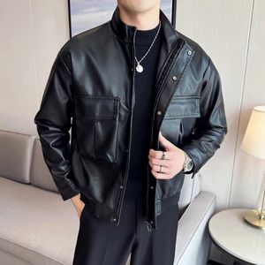 Herrjackor svarta pu läder män spring casual streetwear kläder för manlig höst koreansk mode vindtät lös