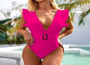 2021 Pink Sexy Deep V Neck Ruffled Female Monokini One Piece Swimsuit Women badkläder midjebälte baddräkt Swim bodysuit7195601