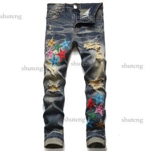 Amirs jeans för män Mens Jeans Rippade jeans med orange stjärnor Regelbunden passningsbrev broderi dragkedja Fly Black Medium Pencil Pants Designer 121