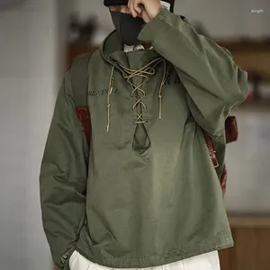 Giacche da uomo americano retrò verde militare corto abbigliamento da lavoro felpe con cappuccio giacca a vento uomo sciolto casual oversize camicie esterne uomo