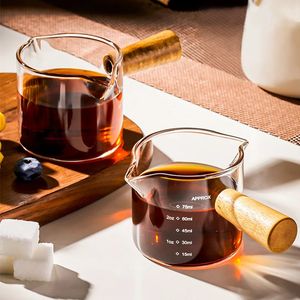 Milk Jugs Wood Handle Glass Espresso Measuring Cup Single Double Mouth Jug Coffee Supplies Transparent Kitchen Measure Mug 231206