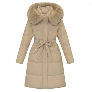 Casacos de trench femininos para baixo parka mulheres cinto jaqueta de emagrecimento para longo comprimento do joelho com calor espessado e casaco elegante 875qs