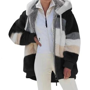 Women's Jackets Women Winter Coat Warm Patchwork Zipper Pocket Stitching Hooded Faux Fur Long Sleeves Cardigan Furry Slim Lady Fleece Jacket 231207