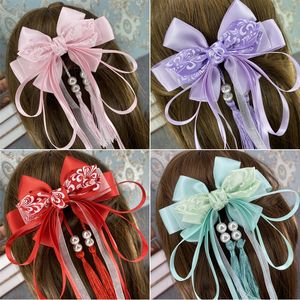 Akcesoria do włosów w stylu retro duża łuk Tassel Ribbon Hairpin Cosplay Cosplay Lolita Hanfu Clip Costume Starcien Princess Costume 231207