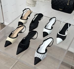 Toppkvalitet nyaste sexiga skor varumärkesdesigner Classic Elegant Mixed Color Slingback Sandaler Kvinnor Elastisk bakre band Hälpumpar Mule Dress Shoes Party Mujer