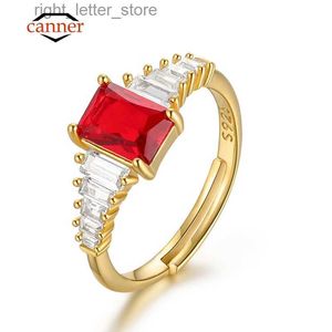 Solitaire Ring Canner 925 Sterling Silver Cubic Zirconia Ruby Ring for Women Rektangel Ladies Engagement Justerbara ringar Fina smycken Anillos YQ231207