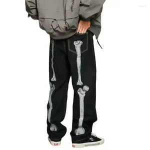 Men's Jeans Black Skeleton Bone Embroidered Men Y2K Street Hip Hop Straight Baggy Harajuku Leisure Mopping Wide Leg Trousers