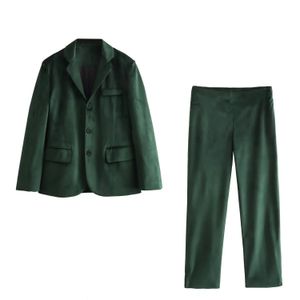 Dwuczęściowe spodnie damskie 2024 Spring Autumn Women Agate Zielony aksamitowy garnitur 2 Scech Chic Set Slim Fit Blazer Otward płaszcz wysokiej talii prosta noga 231206