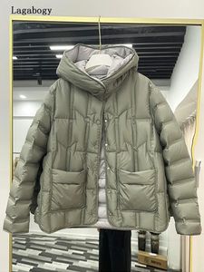 Mulheres Coletes Lagabogy 2023 Inverno Mulheres 90 Pato Branco Para Baixo Casaco Feminino Gola Único Breasted Puffer Jaqueta Casual Solta Com Capuz Parkas 231207