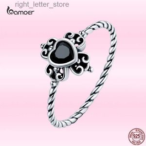 Solitaire Ring Bamoer Classic 925 Sterling Silver Vintage Spades Heart Ring for Women Noble Black Zircon Luxury Wedding Jewelry GXR746 YQ231207