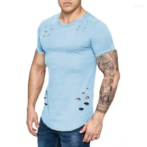 Herrenanzüge B6275 Loch zerrissene T-Shirts Männer Kurzarm T-Shirt Fitness Sommerkleidung Lustiges solides T-Shirt Streetwear Slim Tops Tees