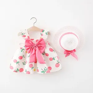 Vestidos da menina infantil bonito arco doce roupas princesa festa terno da criança do bebê roupas lindas verão moda sem mangas traje com chapéus