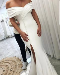 Einfache Split Vorne Meerjungfrau Hochzeit Kleid Weiß Weiche Satin Off Schulter Afrikanische Frauen Braut Party Kleider Vestido De Noiva