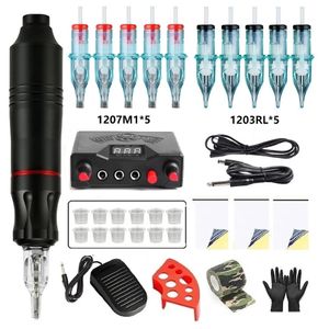 Tätowierpistolen-Kits Rotary Tattoo Pen Kit Tattoo-Netzteilpedal mit 10-teiligen Patronennadeln für Tattoo-Anfänger Professionelles Tattoo-Maschinenset 231207