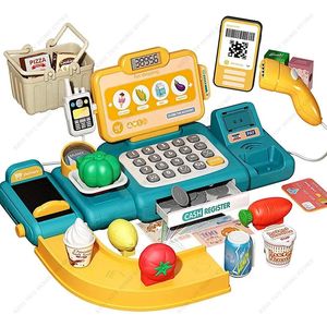 Kitchens Play Food Pretend Calculator Cash Register Toy Supermarket Shop Cashier Registers with Scanner Microphone Credit Card Gifts for Kids 231207