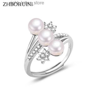 Solitärring ZHBORUINI Neues Design Feiner Perlenring Drei echte natürliche Perlen 925 Sterling Silber Ring Diamant Damenaccessoires Schmuck Geschenk YQ231207