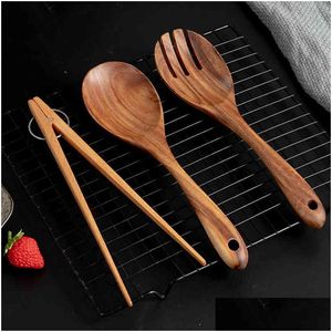Cooking Utensils Kitchen Large Wooden Spoon Fork Set Bbq Tongs Fruit Food Serving Salad Tools 210326 Drop Delivery Home Garden Dining Dhzc9