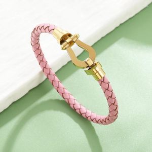 Link Bracelets Luxury Cuff Design Classic Stainless Steel Men Women Handmade Pink Leather Lovers' Birthday Jewelry Gifts