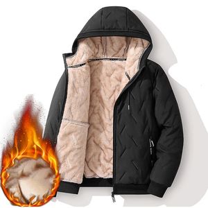 Мужские куртки Зимняя куртка из овечьей шерсти с капюшоном для мужчин 2023 Большой размер с воротником-стойкой на пуху Хлопковое мужское однотонное флисовое ветрозащитное стеганое пальто 231207