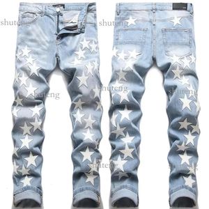 Amirs Designer Mens Jeans High Street Hole Star Patch Homens Mulheres Amirs Estrela Bordado Painel Calças Stretch Slim-Fit Calças Calças Tamanho 910